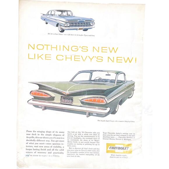 Vtg Chevrolet Impala Sports Coupe Print Ad 1959 1950 Bel Air Original Cars Green - Picture 1 of 1
